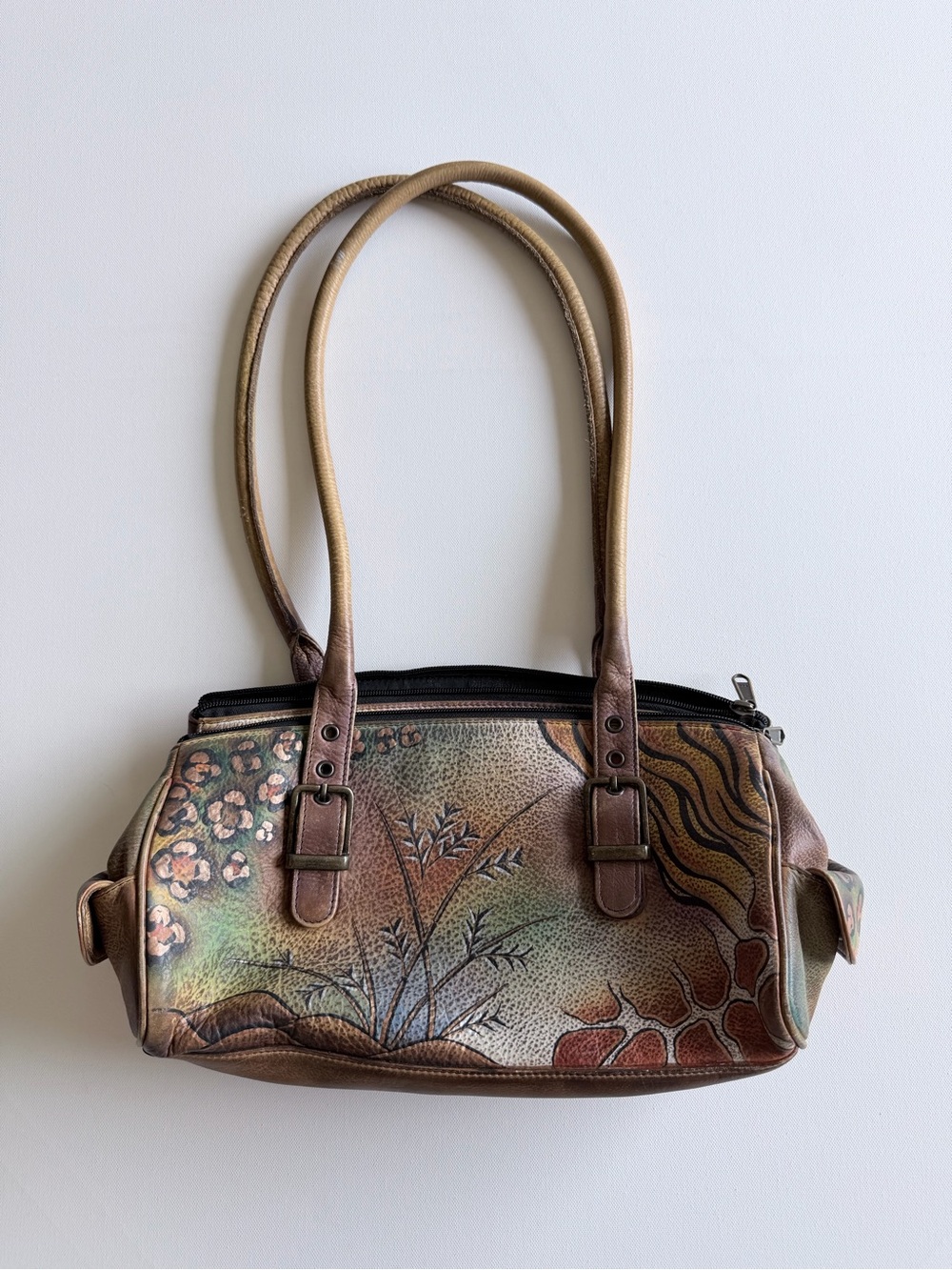 Anuschka Hand Painted Leather Shoulder Bag Safari Animal Print Purse